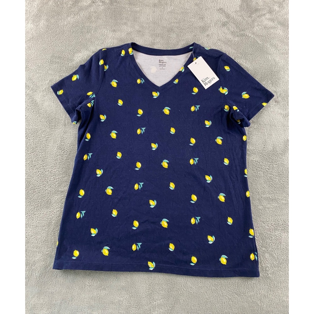 Kim Rogers Navy Blue Lemon Print V-Neck 100% Cotton T-Shirt Small NWT 14625SPM